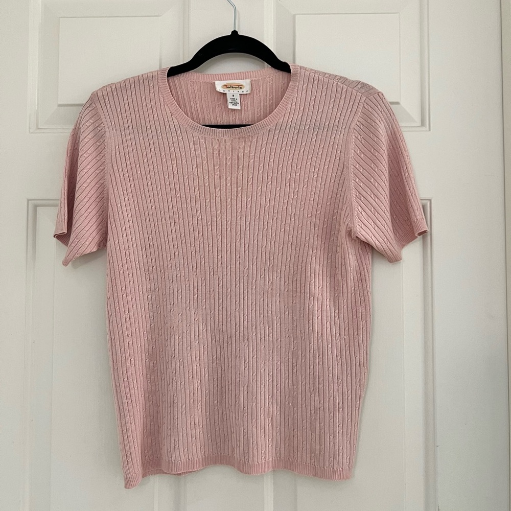 Talbots women’s 100% silk lightweight pink short sleeve cable knit sweater tee